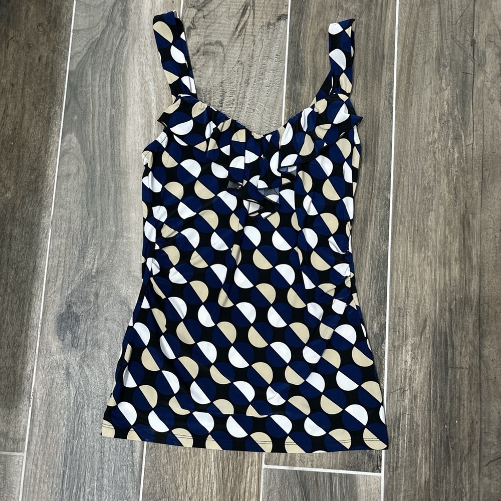 White House Black Market blue and gold sleeveless tank top with ruffle detail